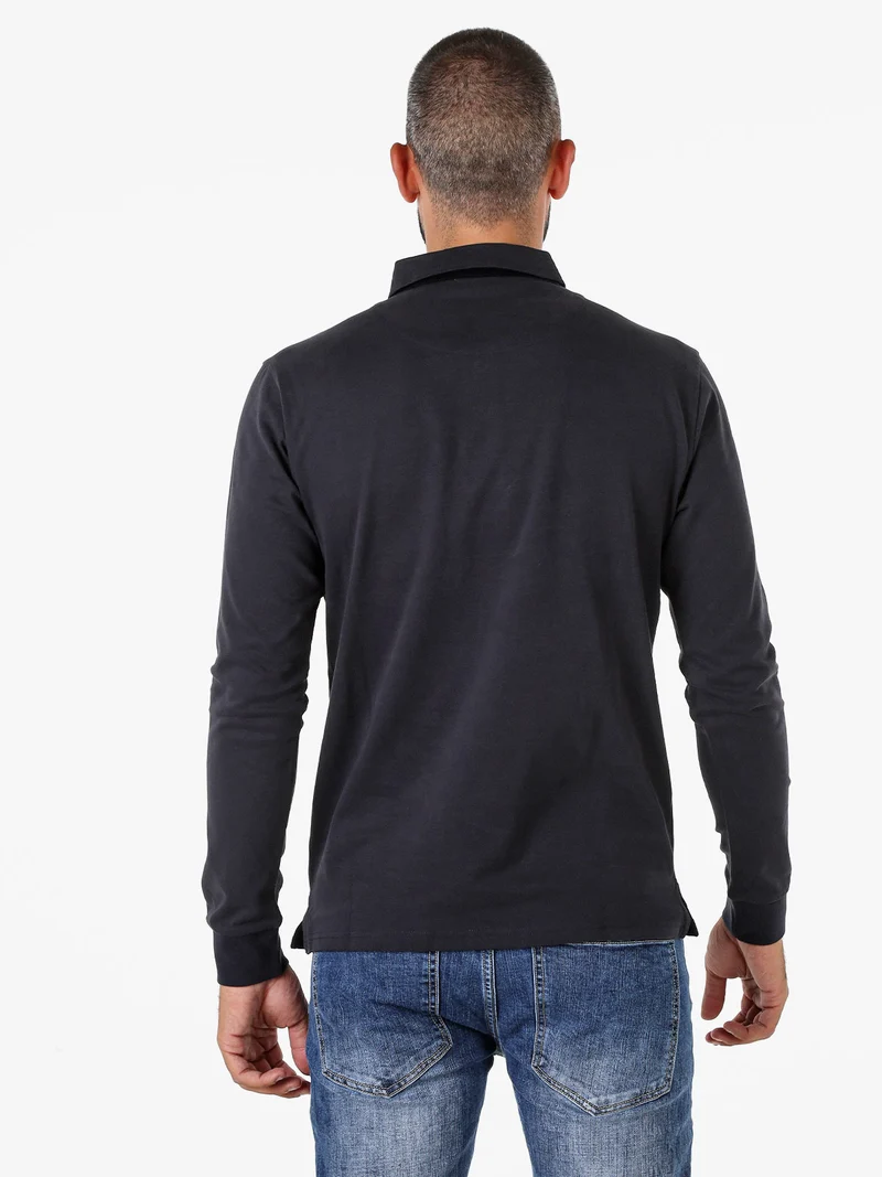 Polo da uomo a maniche lunghe in cotone con finto taschino - blu scuro