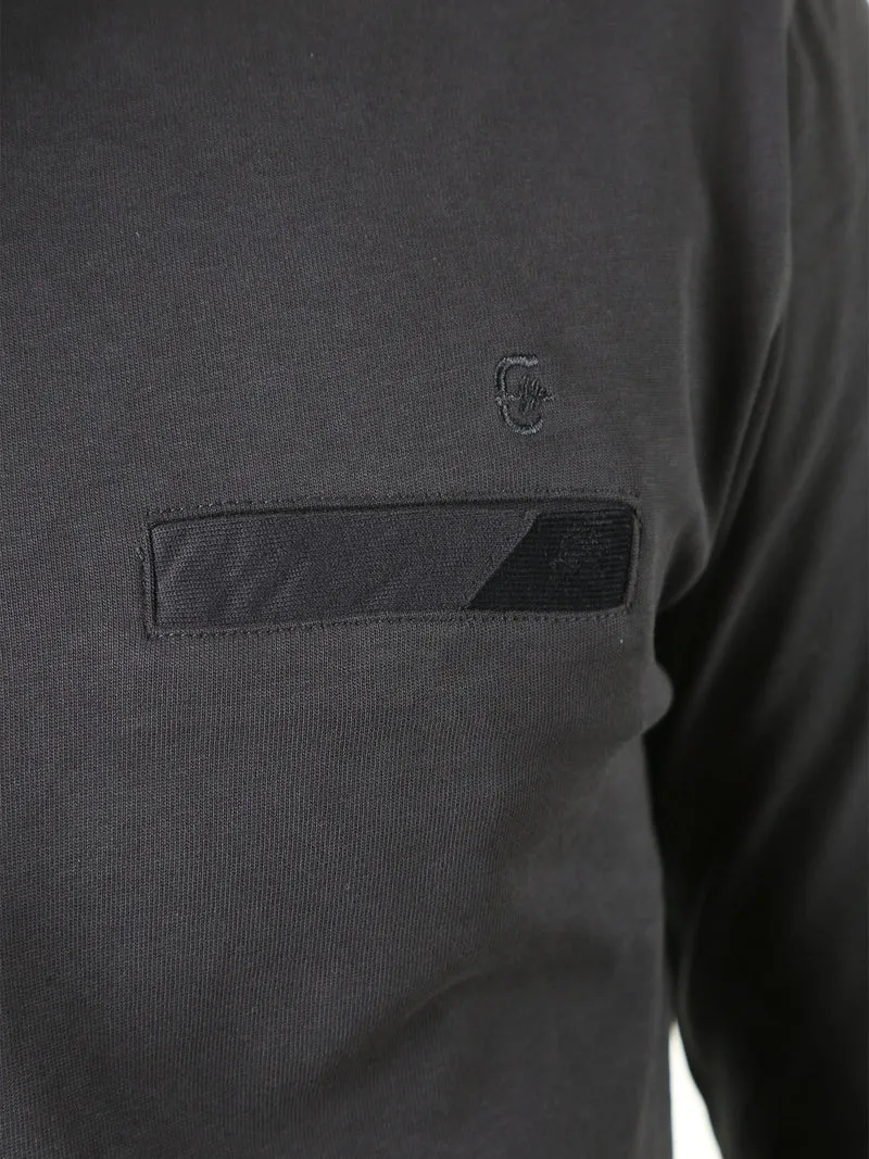 Polo da uomo a maniche lunghe in cotone con finto taschino - blu scuro