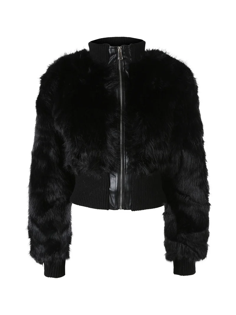 Giacca corta da donna in ecopelliccia con zip - nero