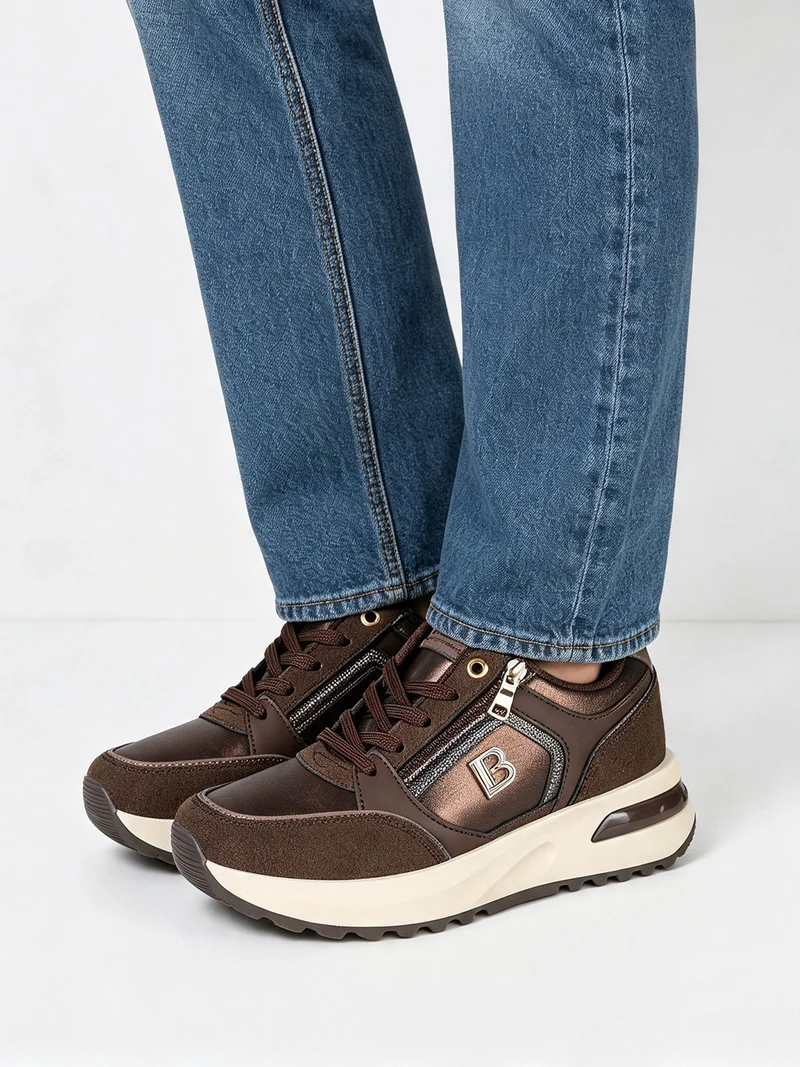 Sneakers donna con lacci e zip e suola rialzata - moro