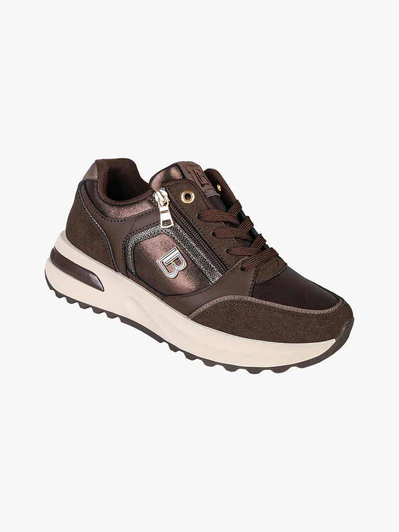Sneakers donna con lacci e zip e suola rialzata - moro