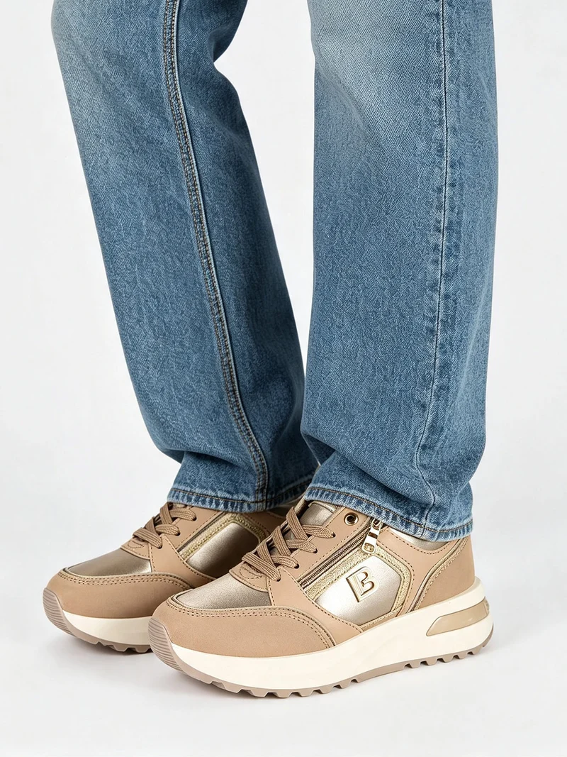 Sneakers donna con lacci e zip e suola rialzata - cammello
