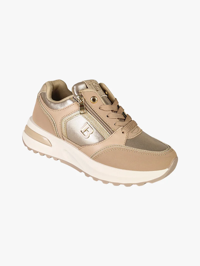Sneakers donna con lacci e zip e suola rialzata - cammello