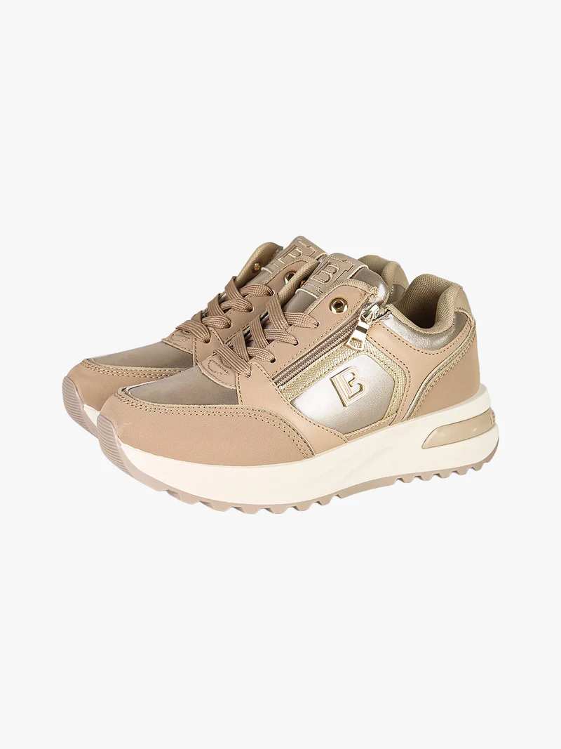 Sneakers donna con lacci e zip e suola rialzata - cammello