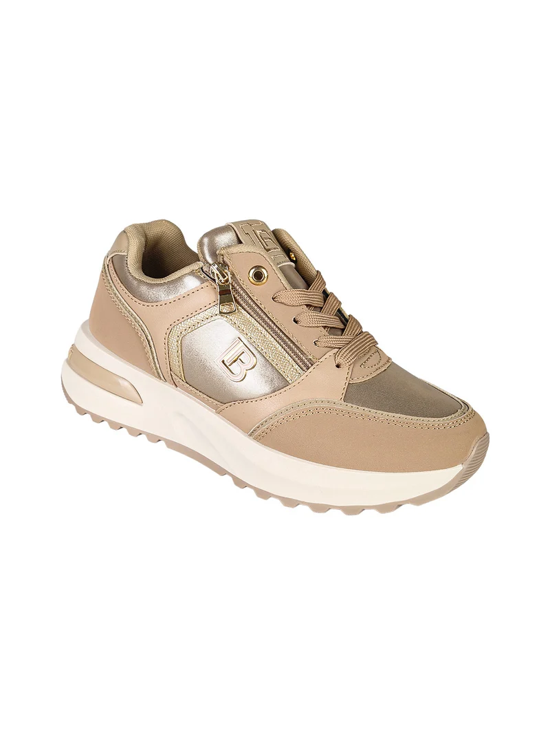 Sneakers donna con lacci e zip e suola rialzata - cammello