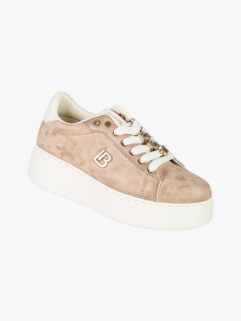 Sneakers donna gioiello in tessuto scamosciato con platform - beige