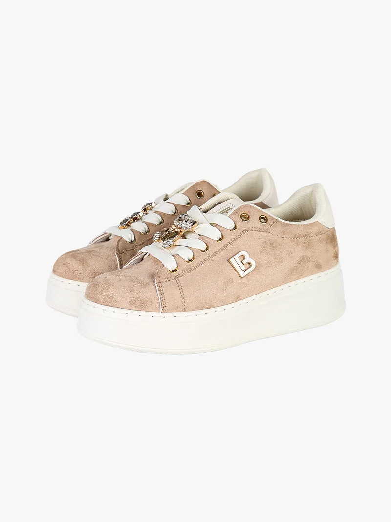 Sneakers donna gioiello in tessuto scamosciato con platform - beige