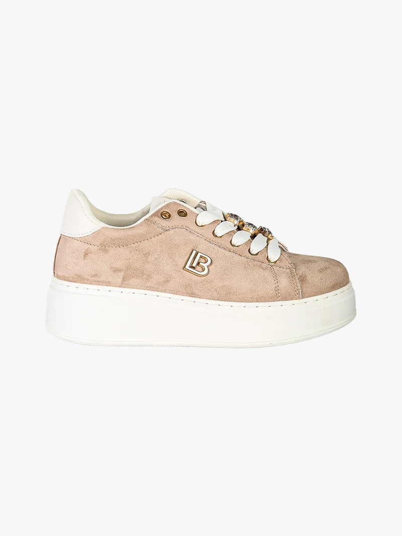 Sneakers donna gioiello in tessuto scamosciato con platform - beige