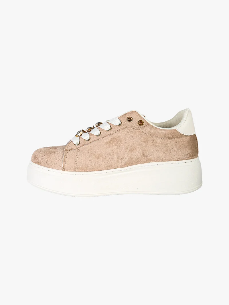 Sneakers donna gioiello in tessuto scamosciato con platform - beige