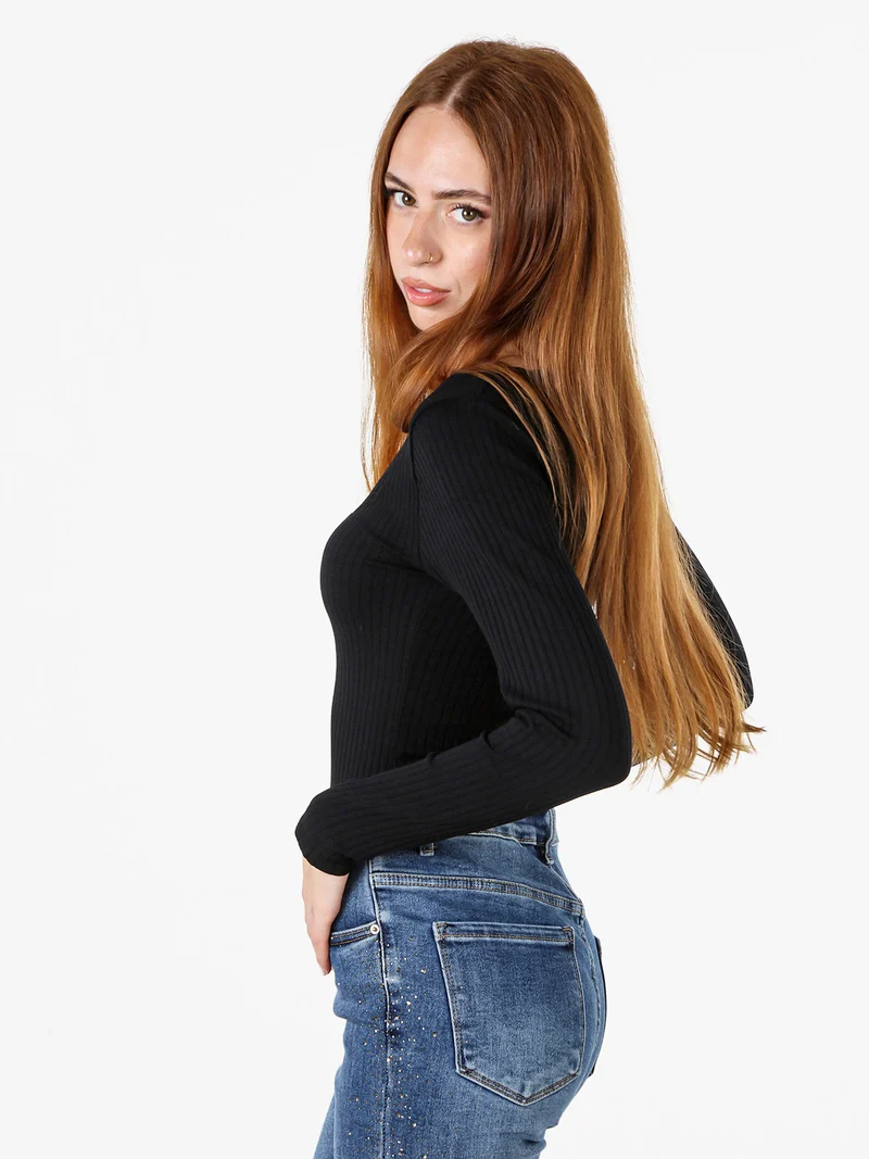 Top body da donna in maglia con maniche lunghe e scollo di pizzo - nero
