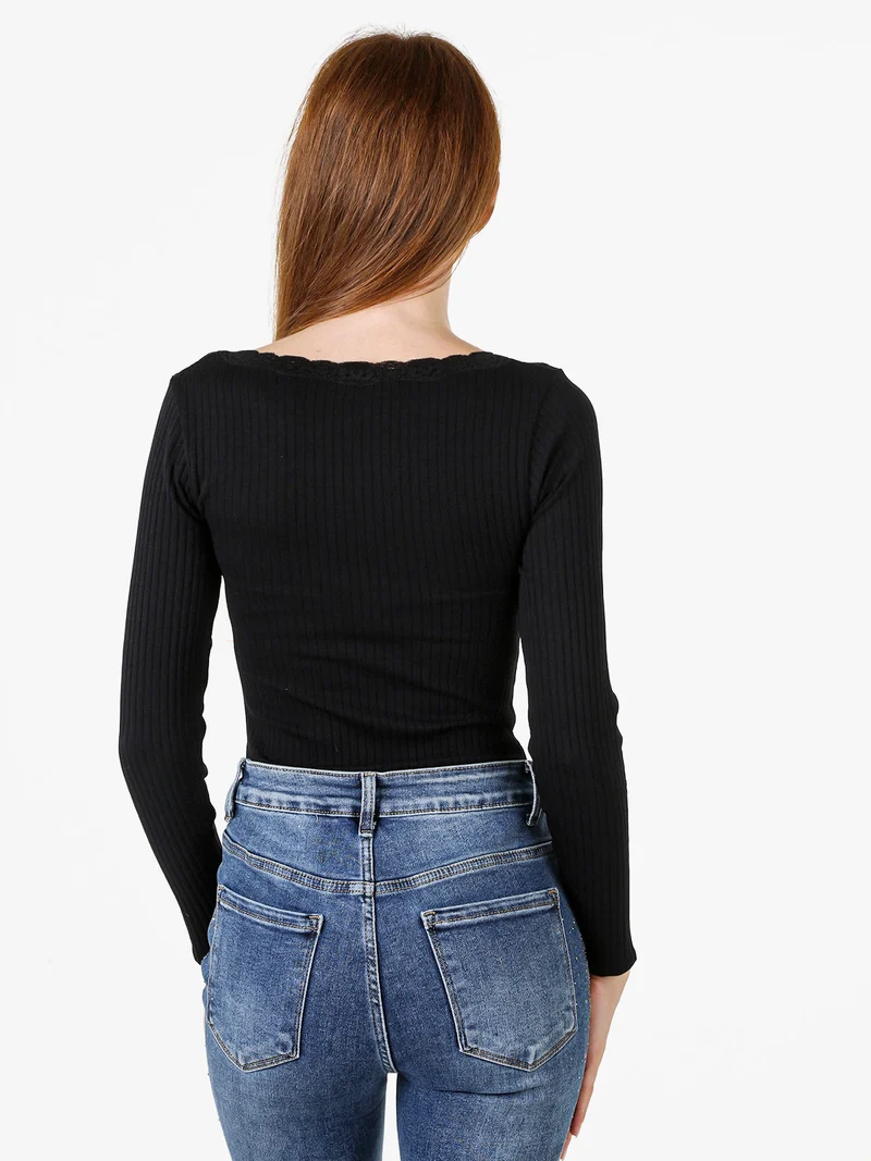 Top body da donna in maglia con maniche lunghe e scollo di pizzo - nero