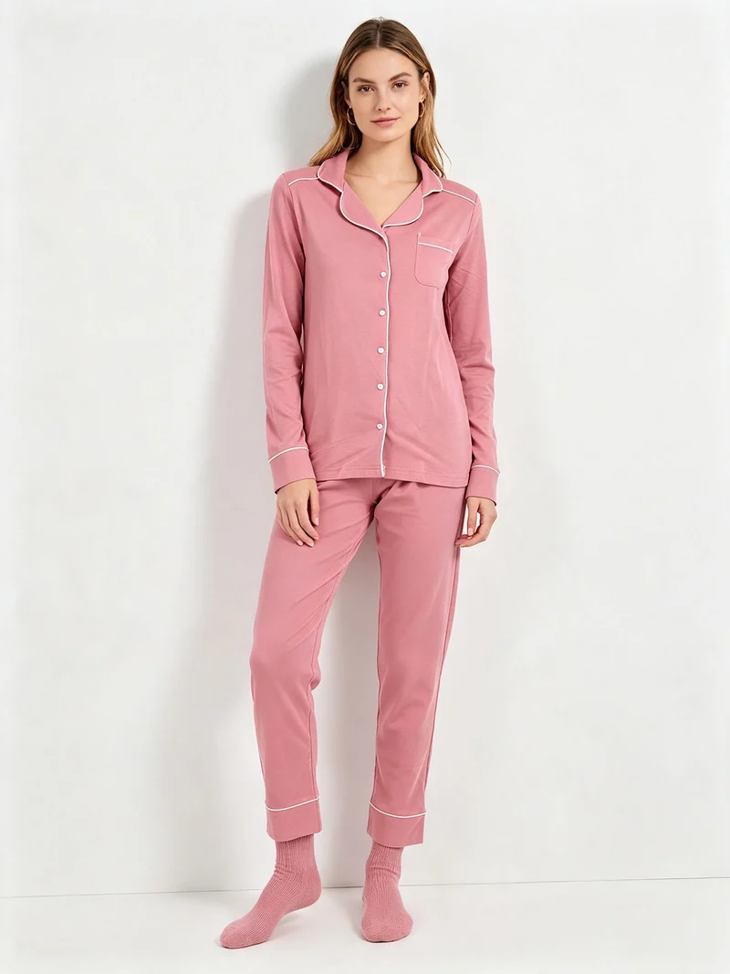 Pigiama lungo da donna aperto in cotone con calzine incluse - rosa