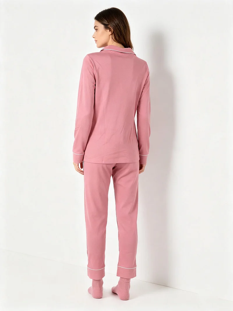 Pigiama lungo da donna aperto in cotone con calzine incluse - rosa