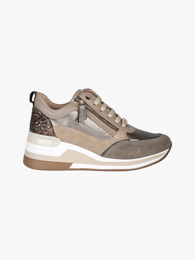 Sneakers donna in pelle con zeppa - taupe