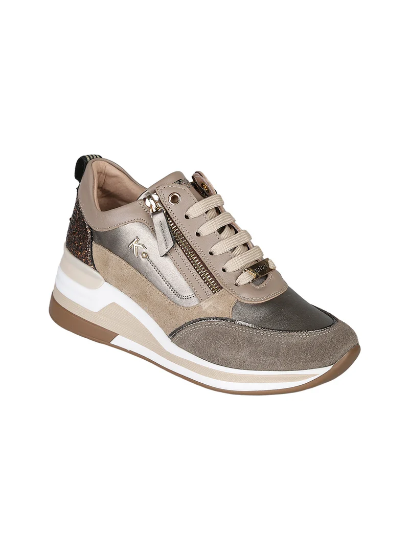 Sneakers donna in pelle con zeppa - taupe