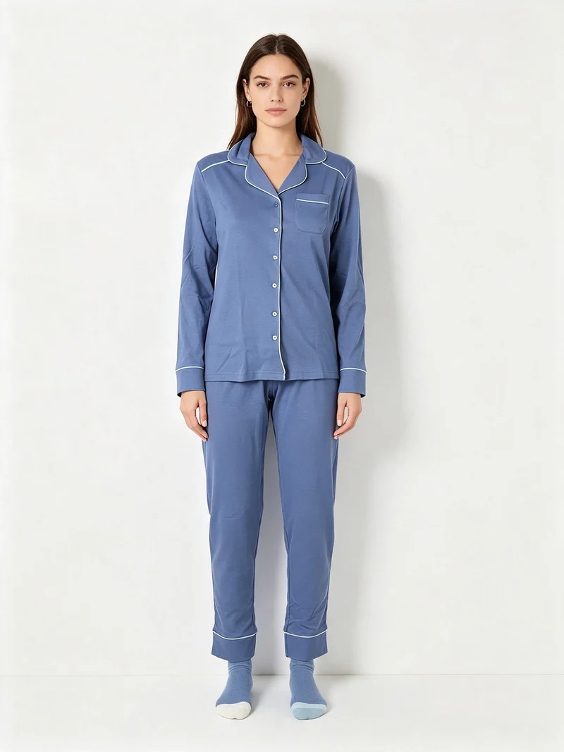 Pigiama lungo da donna aperto in cotone con calzine incluse - blu