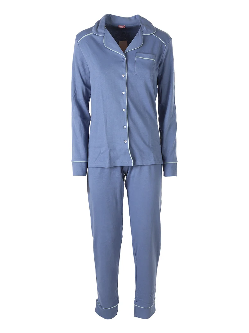 Pigiama lungo da donna aperto in cotone con calzine incluse - blu