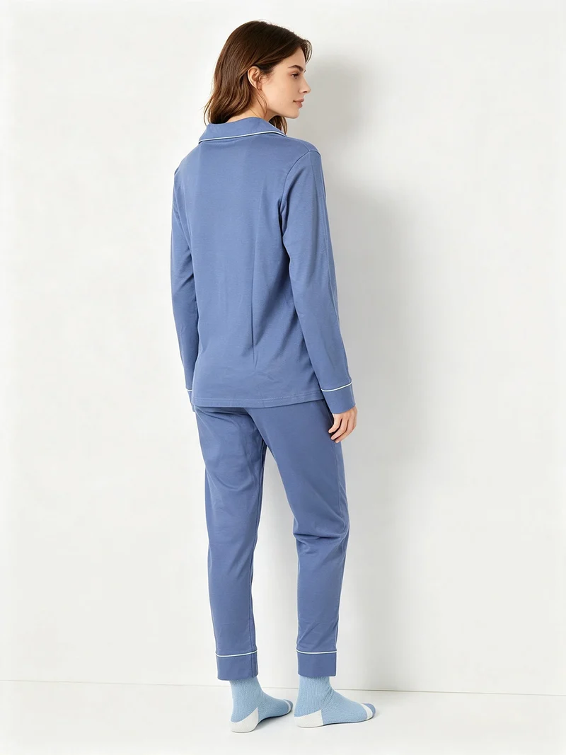 Pigiama lungo da donna aperto in cotone con calzine incluse - blu
