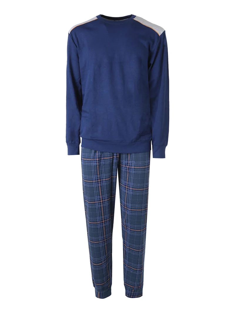 Pigiama lungo da uomo in cotone con pantaloni a quadri e calze incluse - blu scuro