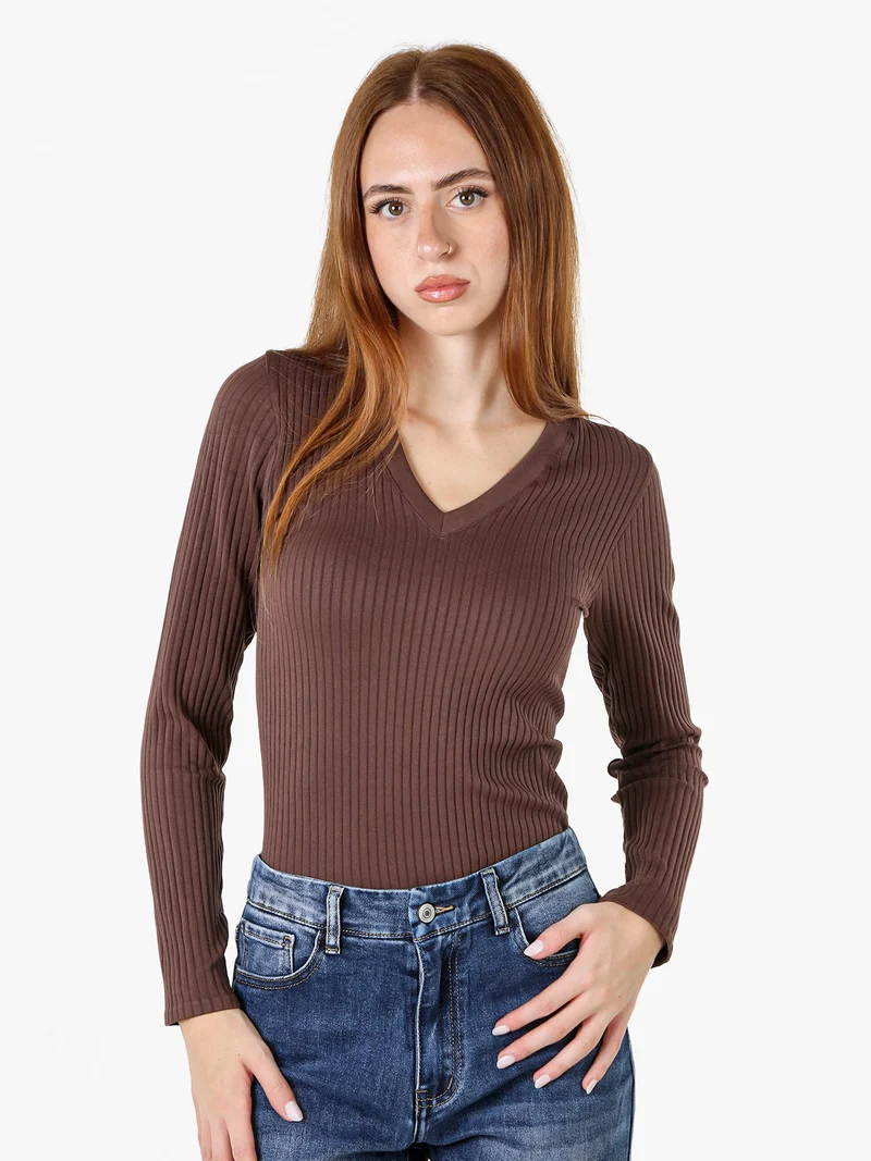 Maglia donna a coste con maniche lunghe e scollo a V - moro