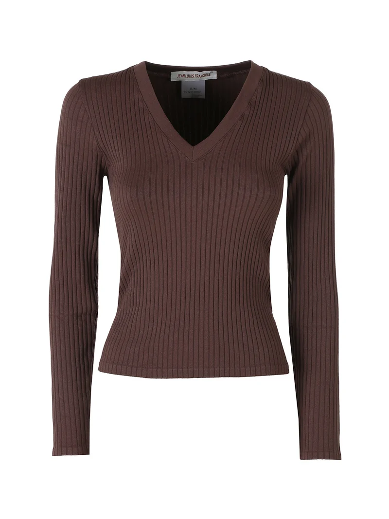 Maglia donna a coste con maniche lunghe e scollo a V - moro