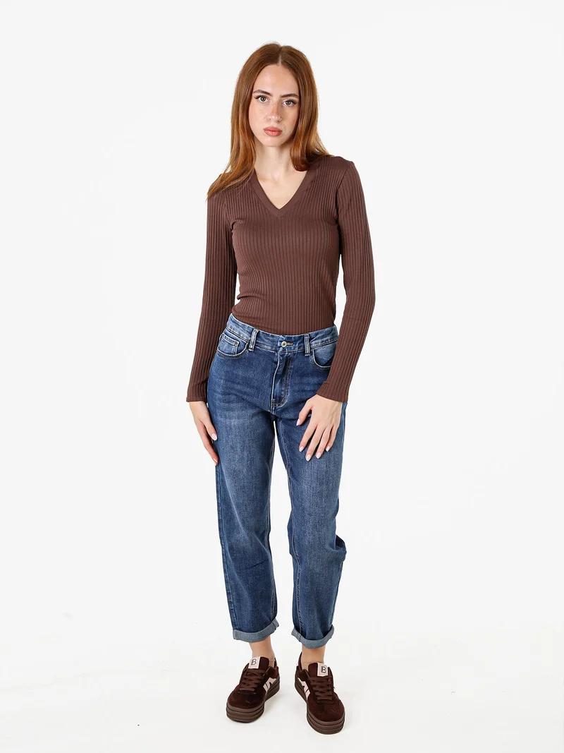 Maglia donna a coste con maniche lunghe e scollo a V - moro