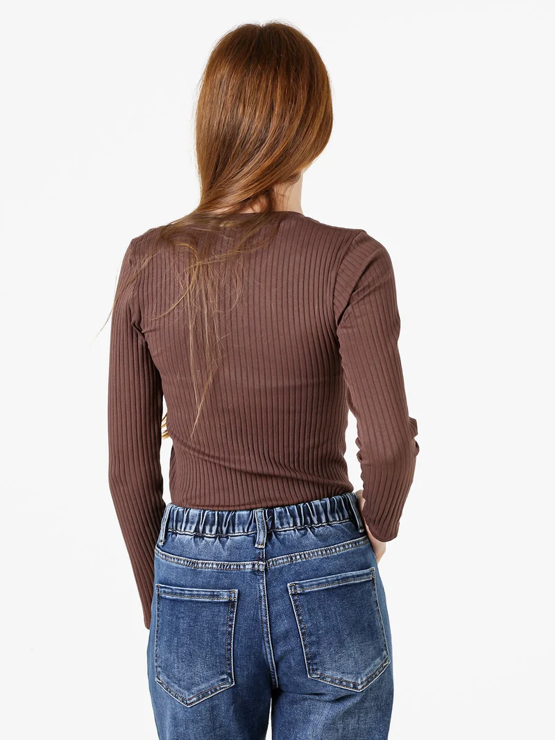 Maglia donna a coste con maniche lunghe e scollo a V - moro