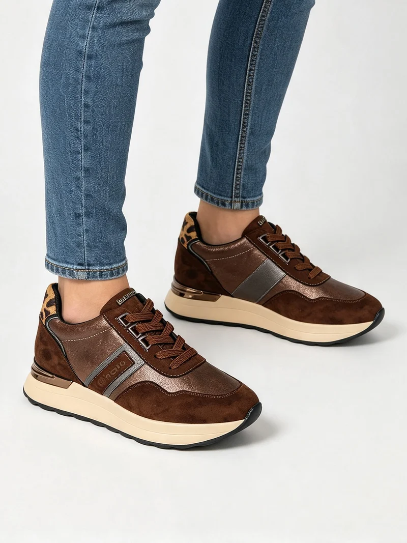 Sneakers donna in tessuto scamosciato con platform e dettaglio animalier - moro