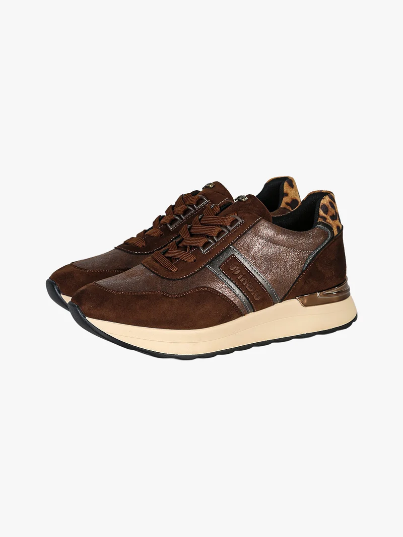 Sneakers donna in tessuto scamosciato con platform e dettaglio animalier - moro
