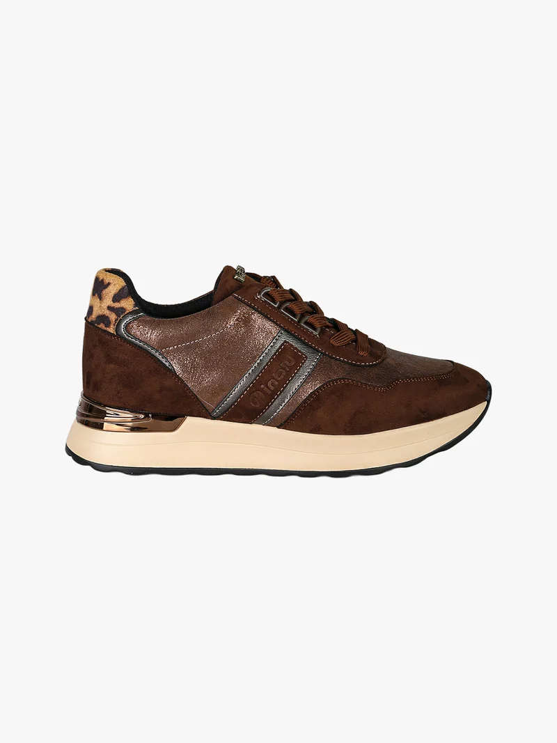 Sneakers donna in tessuto scamosciato con platform e dettaglio animalier - moro