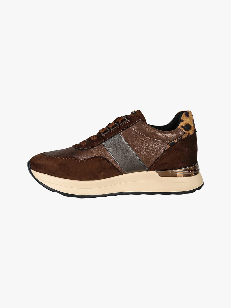 Sneakers donna in tessuto scamosciato con platform e dettaglio animalier - moro