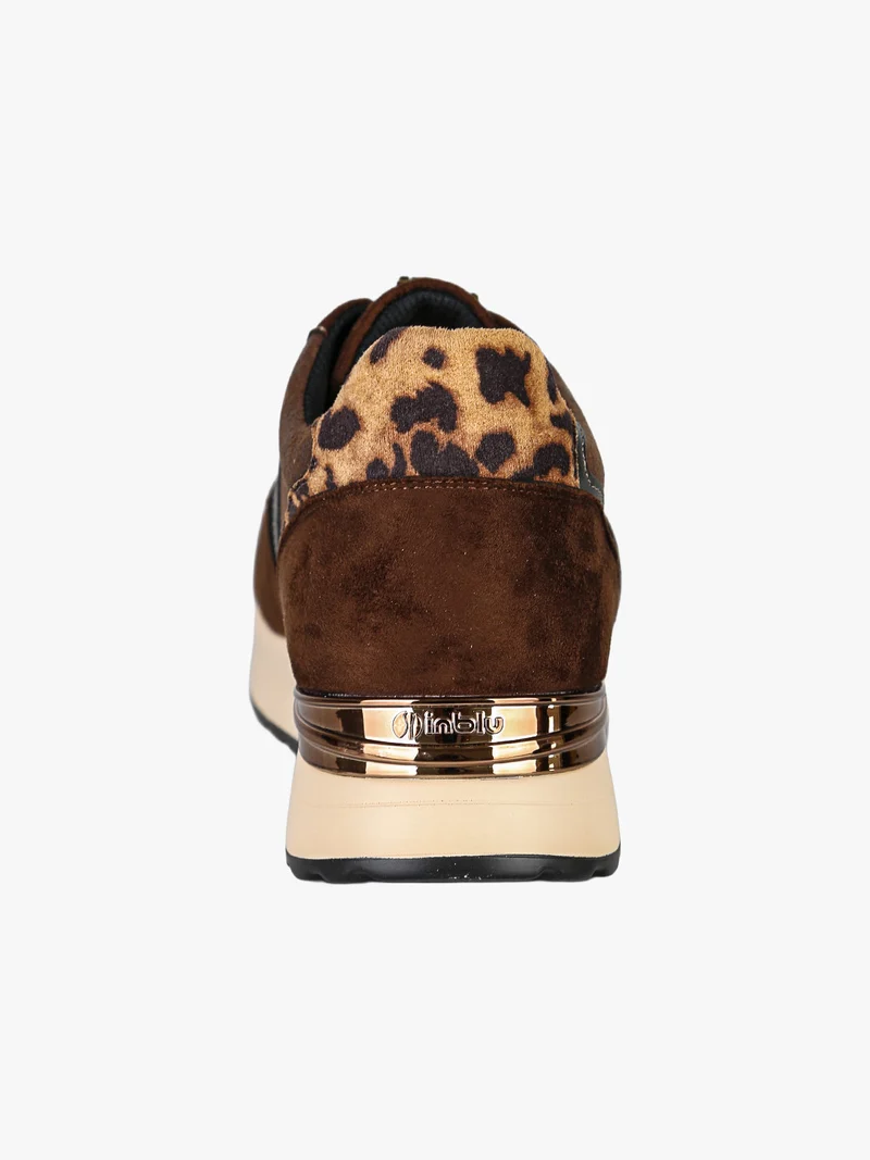 Sneakers donna in tessuto scamosciato con platform e dettaglio animalier - moro