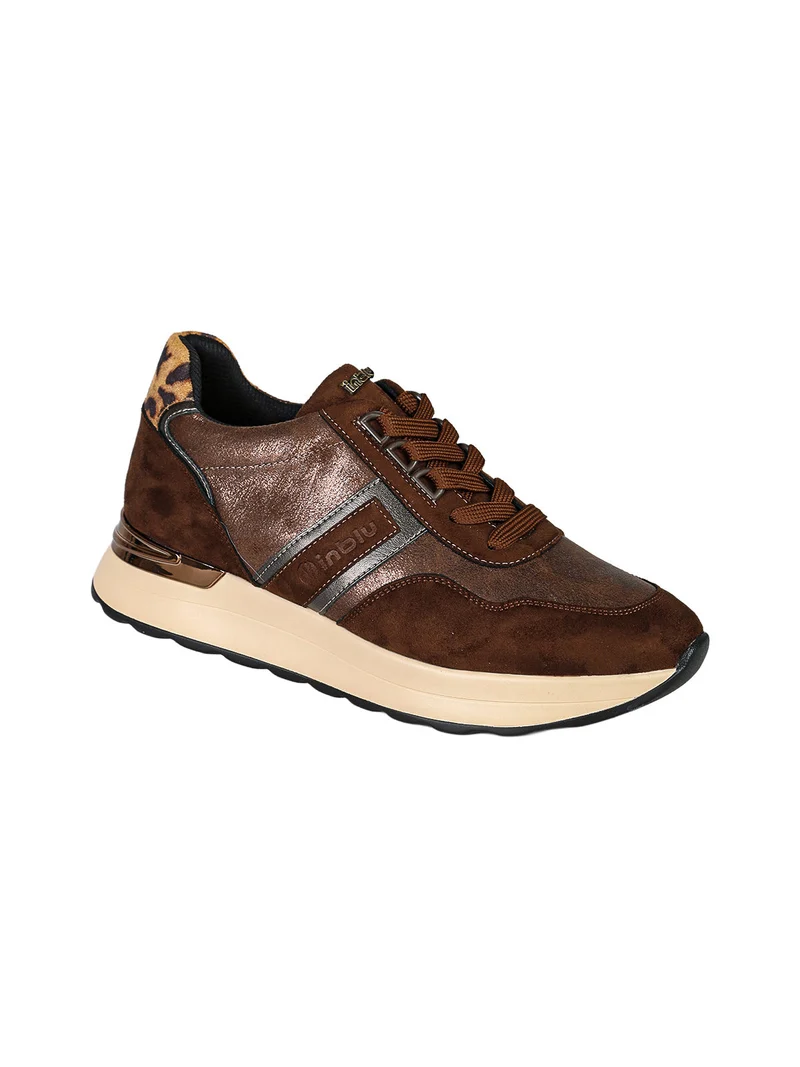 Sneakers donna in tessuto scamosciato con platform e dettaglio animalier - moro