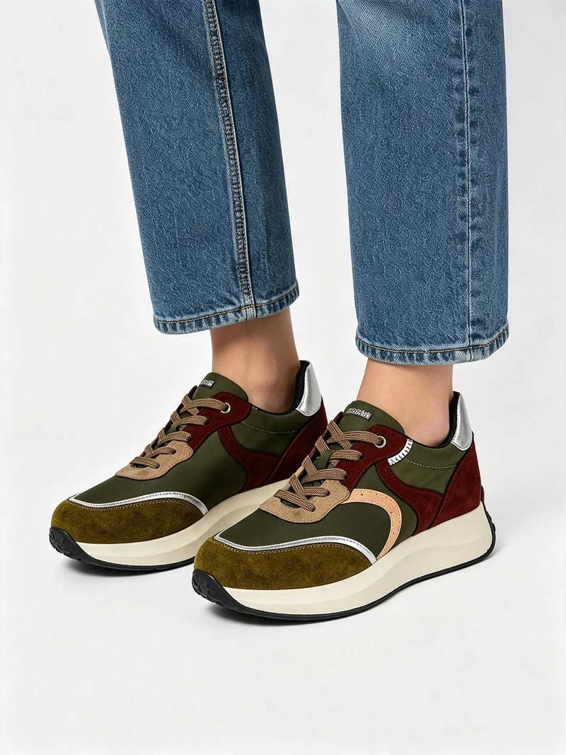 Sneakers donna stringata multicolore con platform - militare