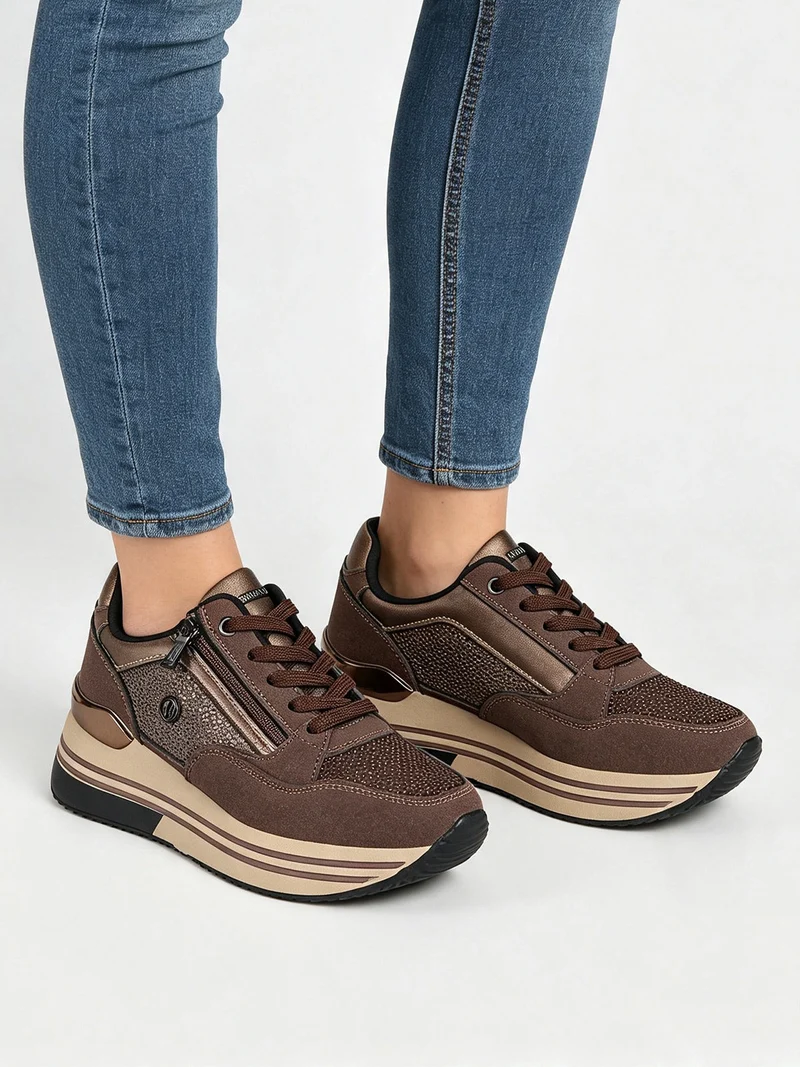 Sneakers donna con platform e strass - bronzo