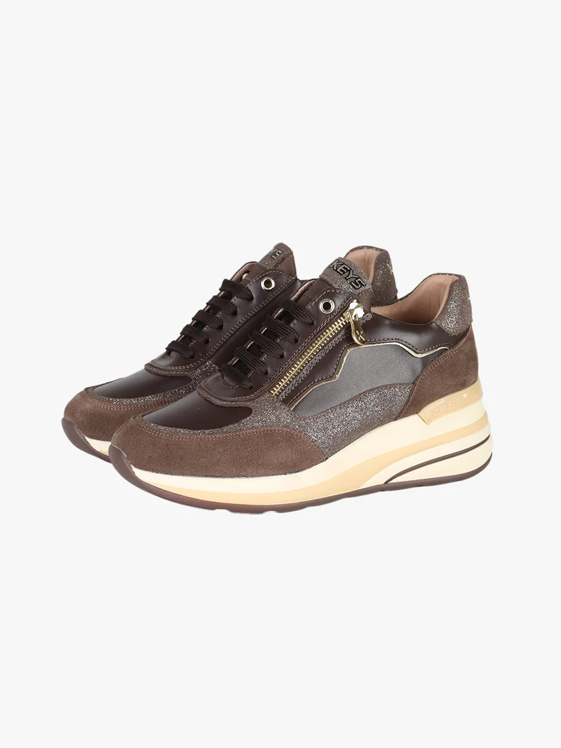 Sneakers donna in pelle con zeppa - moro