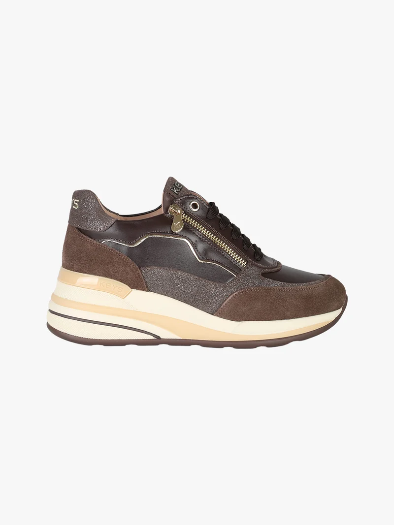 Sneakers donna in pelle con zeppa - moro
