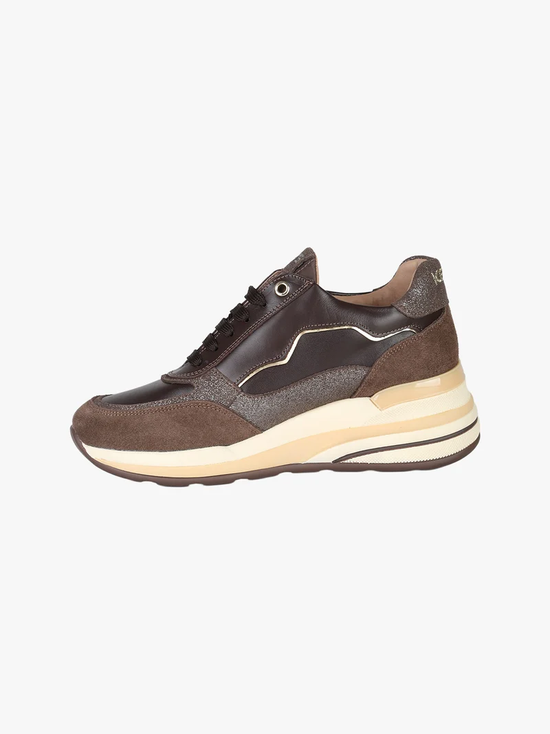 Sneakers donna in pelle con zeppa - moro