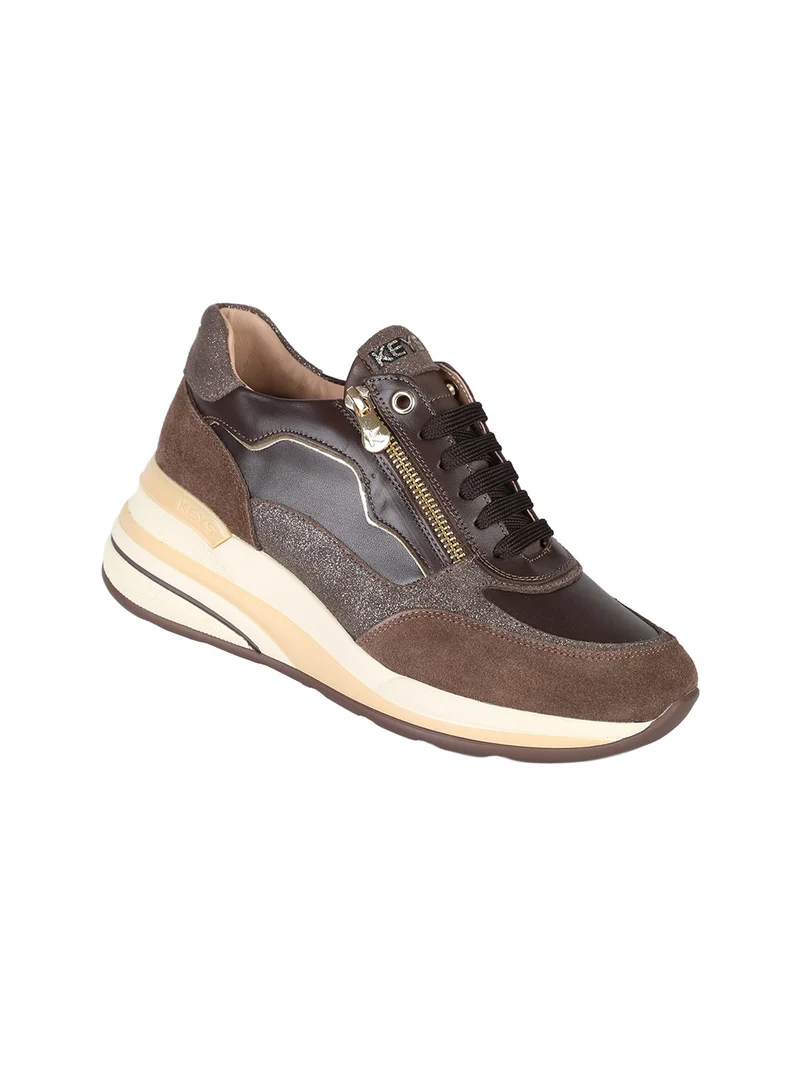 Sneakers donna in pelle con zeppa - moro