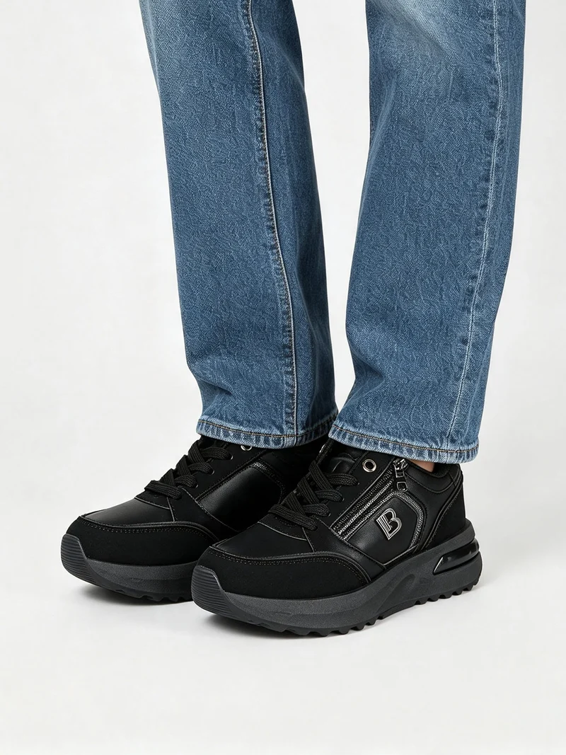 Sneakers donna con lacci e zip e suola rialzata - nero
