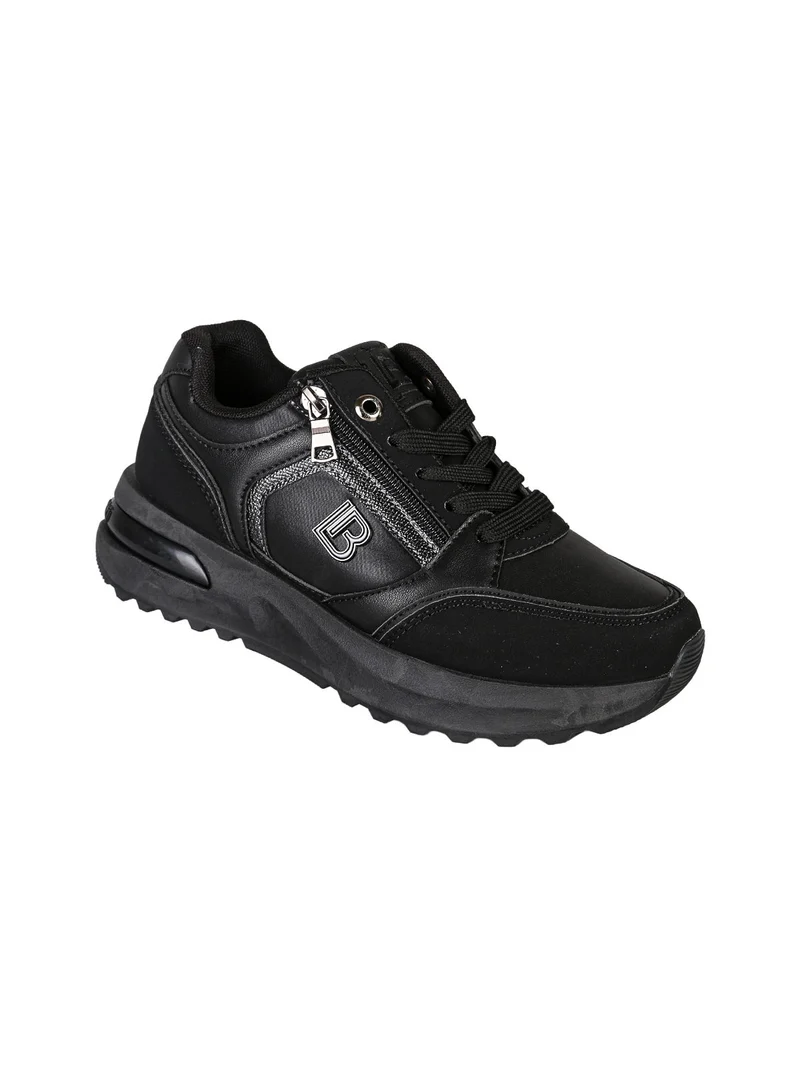 Sneakers donna con lacci e zip e suola rialzata - nero
