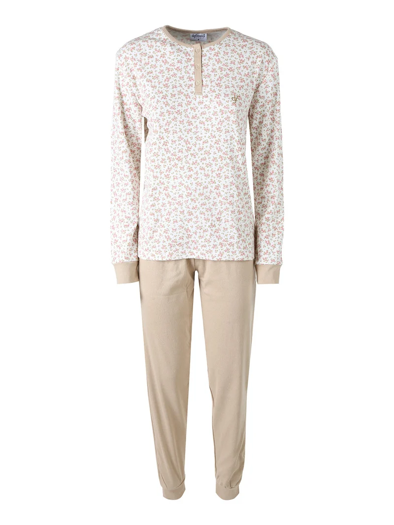 Pigiama lungo da donna in cotone con stampa fiorata - beige
