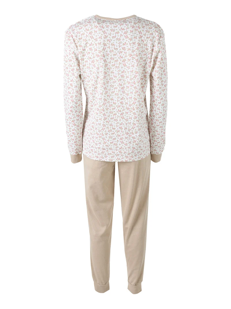 Pigiama lungo da donna in cotone con stampa fiorata - beige