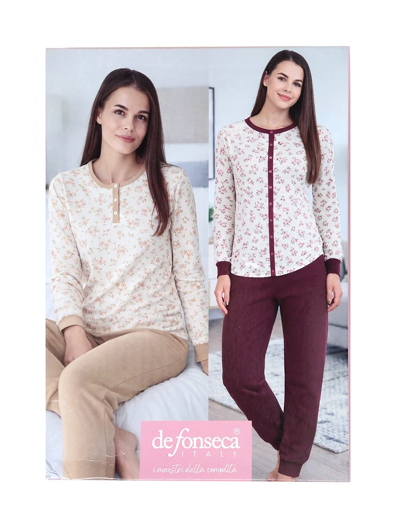 Pigiama lungo da donna in cotone con stampa fiorata - beige