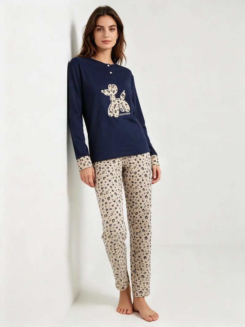Pigiama lungo da donna in cotone con stampa animalier - blu scuro