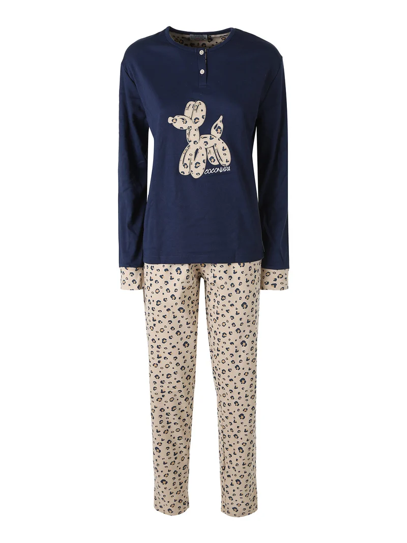 Pigiama lungo da donna in cotone con stampa animalier - blu scuro