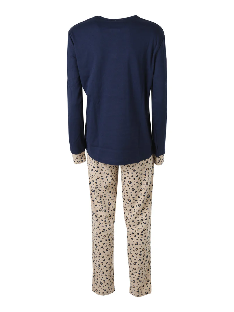 Pigiama lungo da donna in cotone con stampa animalier - blu scuro