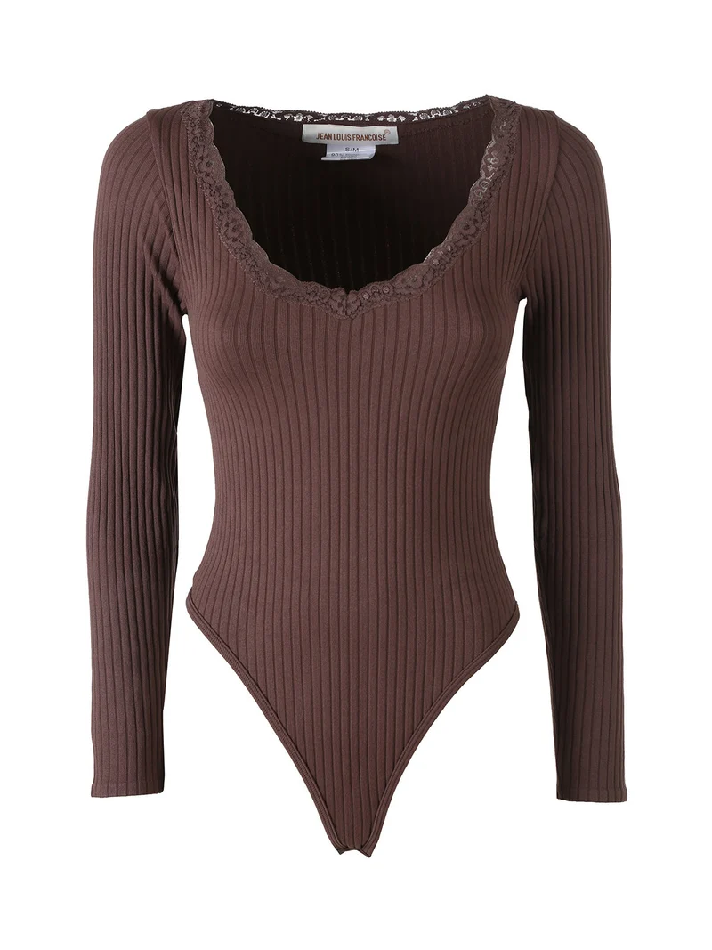 Top body da donna in maglia con maniche lunghe e scollo di pizzo - moro