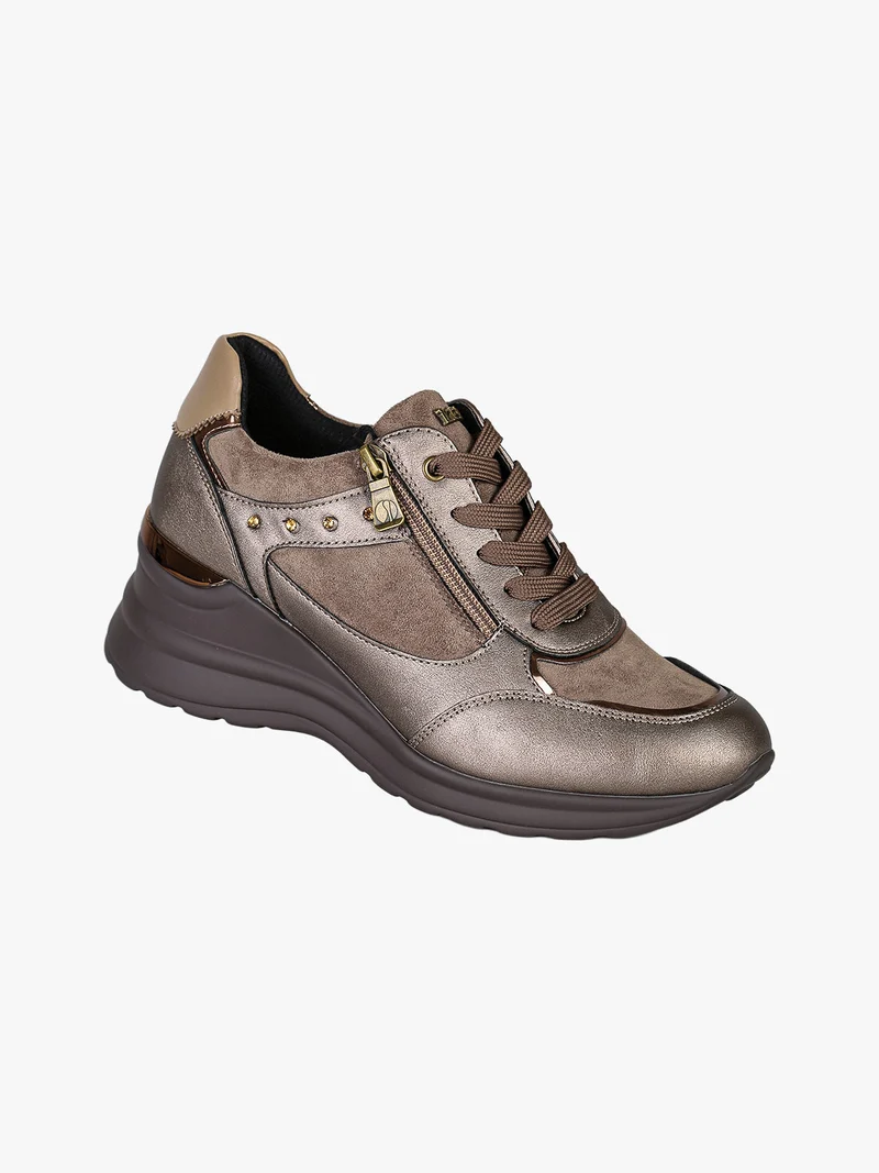 Sneakers donna con zeppa lacci e zip - bronzo