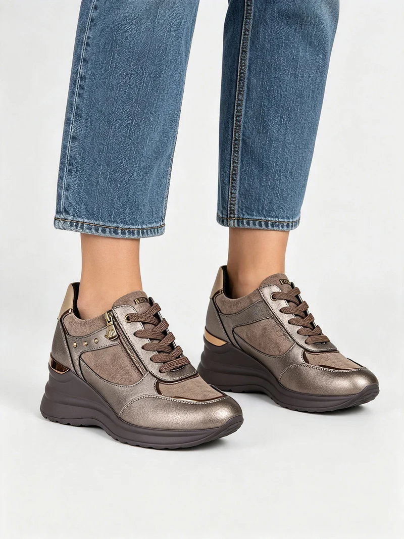 Sneakers donna con zeppa lacci e zip - bronzo